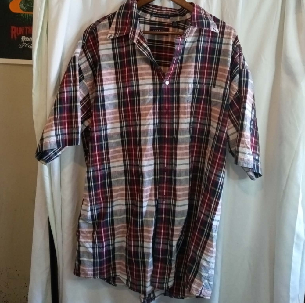 Gant XXL Plaid Short Sleeve Button Down Shirt in Burgundy Navy White Seersucker